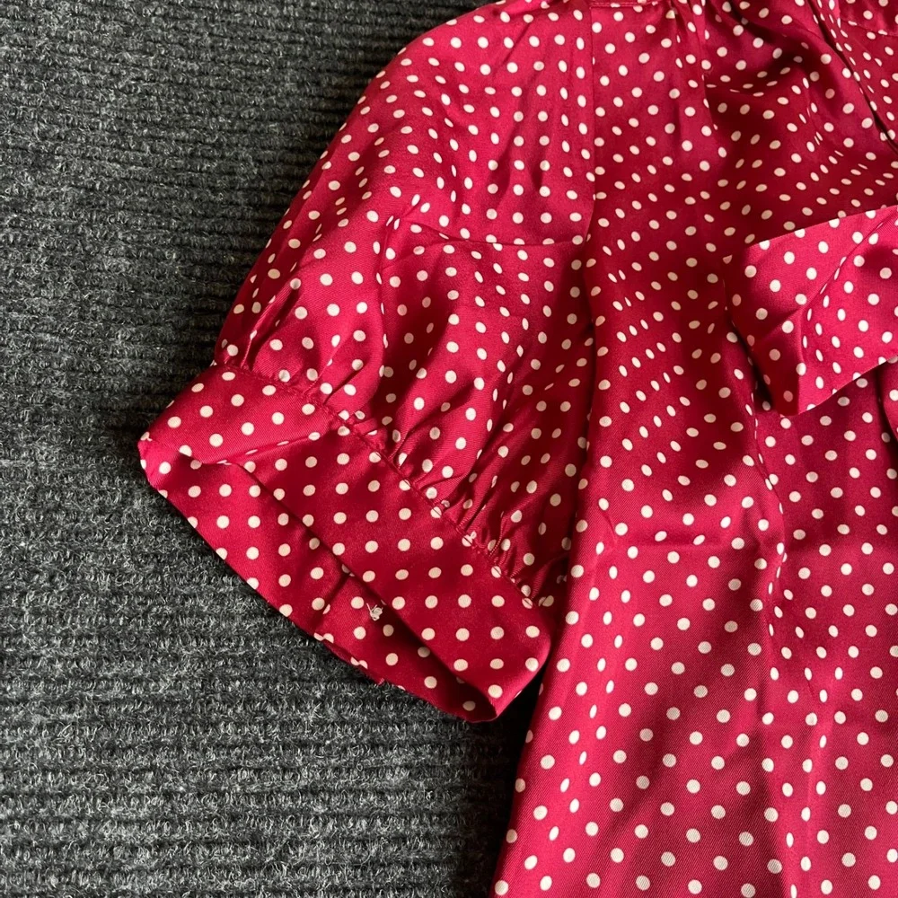 LOFT Polka Dot Blouse Womens Small Red White Tie Neck Puff Sleeve Button Up NEW